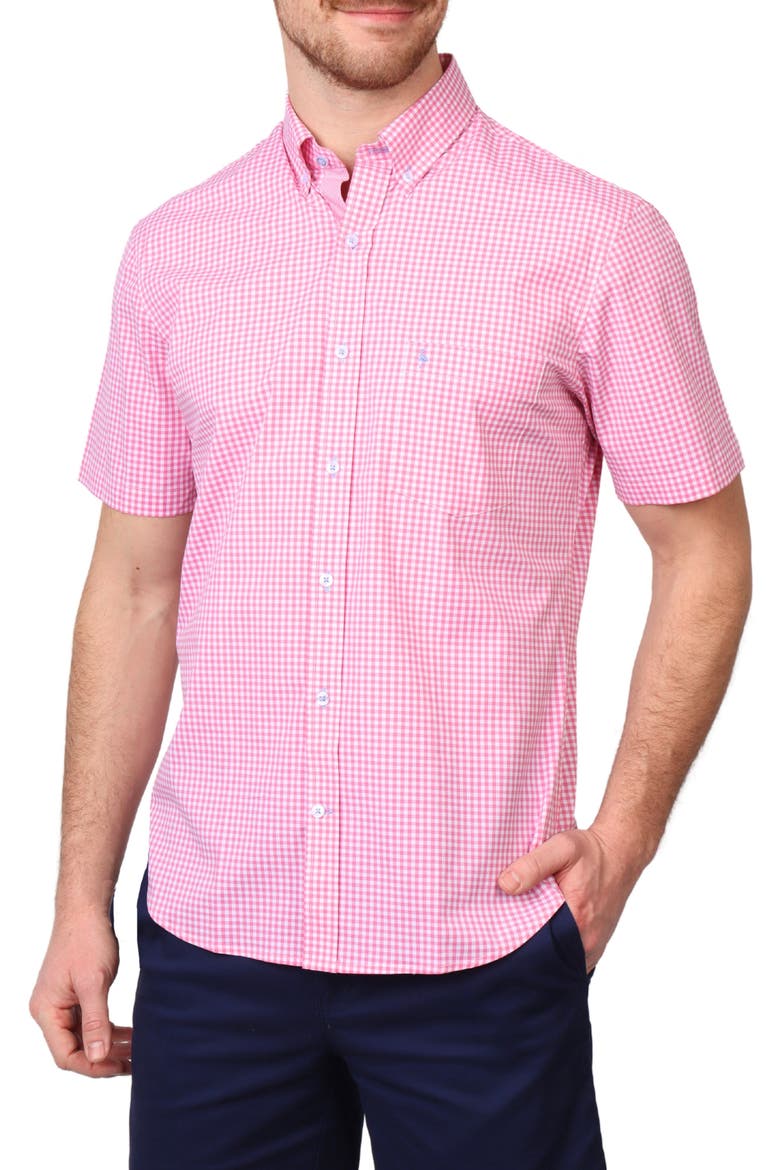 Gingham Short Sleeve Stretch Cotton Button-Up Shirt, Main, color, ROSE PINK
