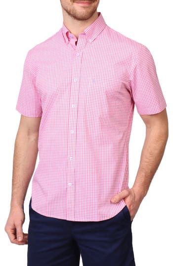 Tailorbyrd Gingham Short Sleeve Stretch Cotton Button-up Shirt In Rose Pink