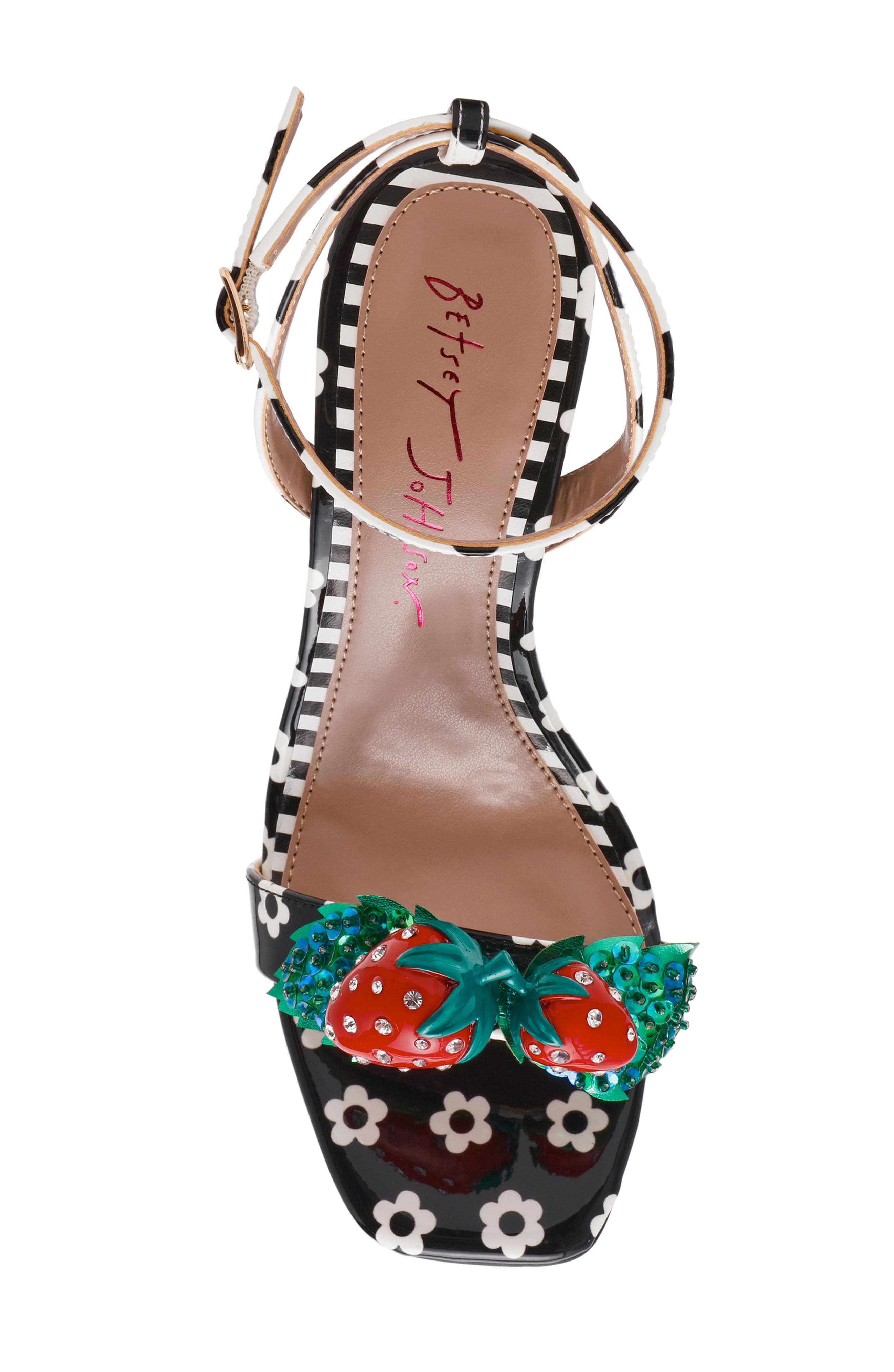 Betsey Johnson Addison Ankle Strap Sandal, Alternate, color, Black/ White Multi