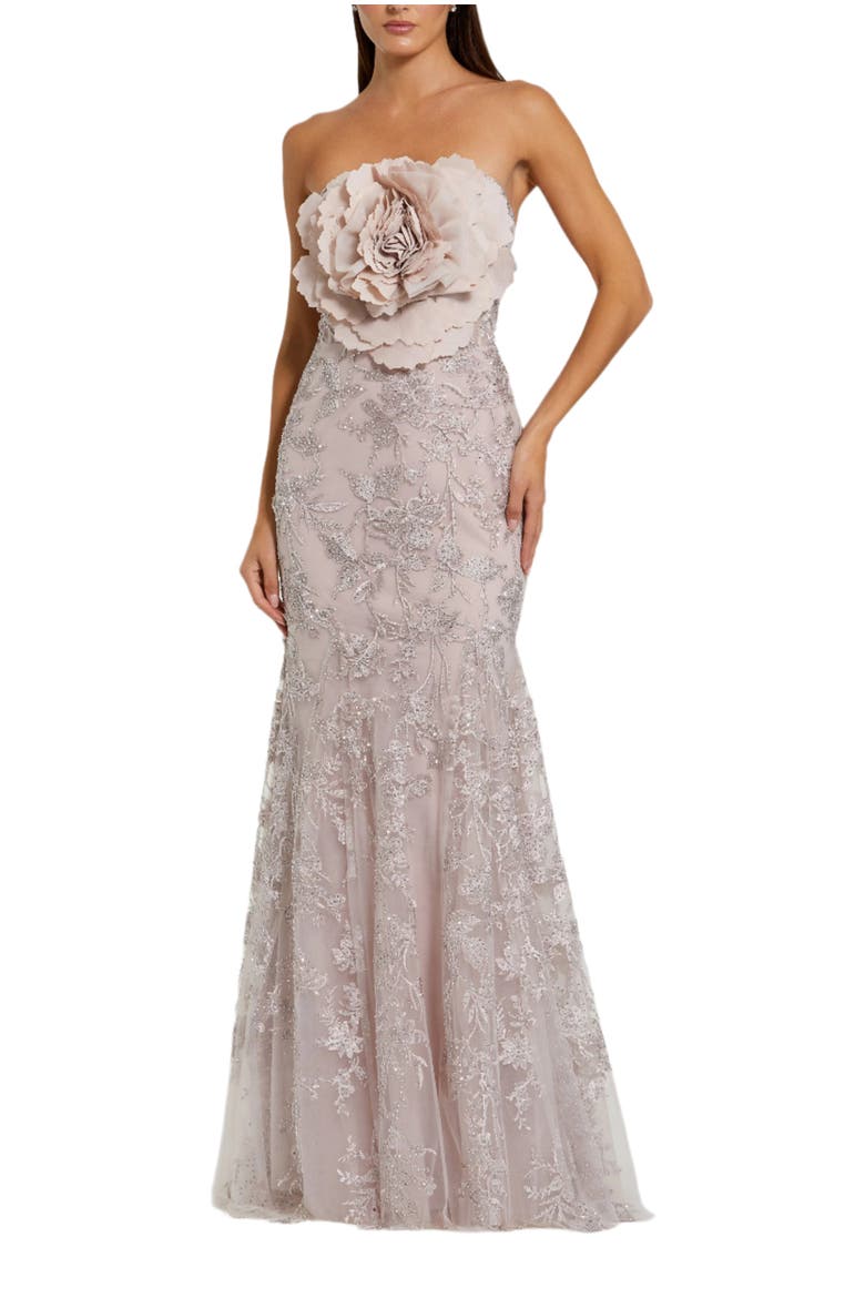 Strapless Beaded Applique Mermaid Gown With Flower, Main, color, Mocha