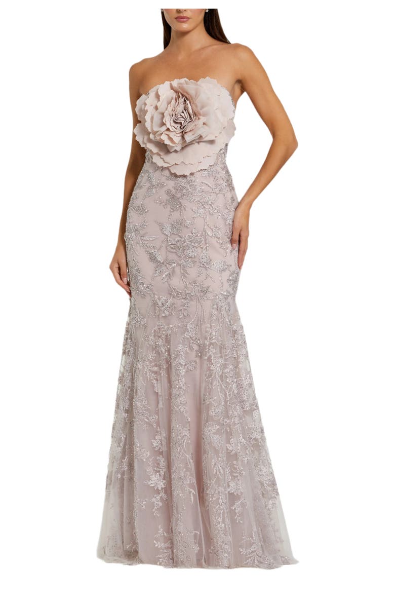 Mac Duggal Strapless Beaded Applique Mermaid Gown With Flower, Main, color, Mocha