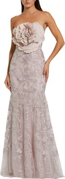 Mac Duggal Strapless Beaded Applique Mermaid Gown With Flower