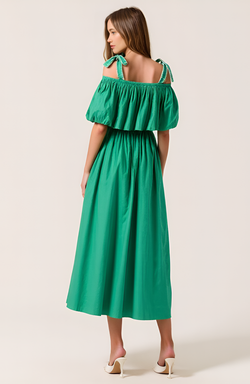 Modenaire Off-shoulder Ruffle Midi Dress In Green