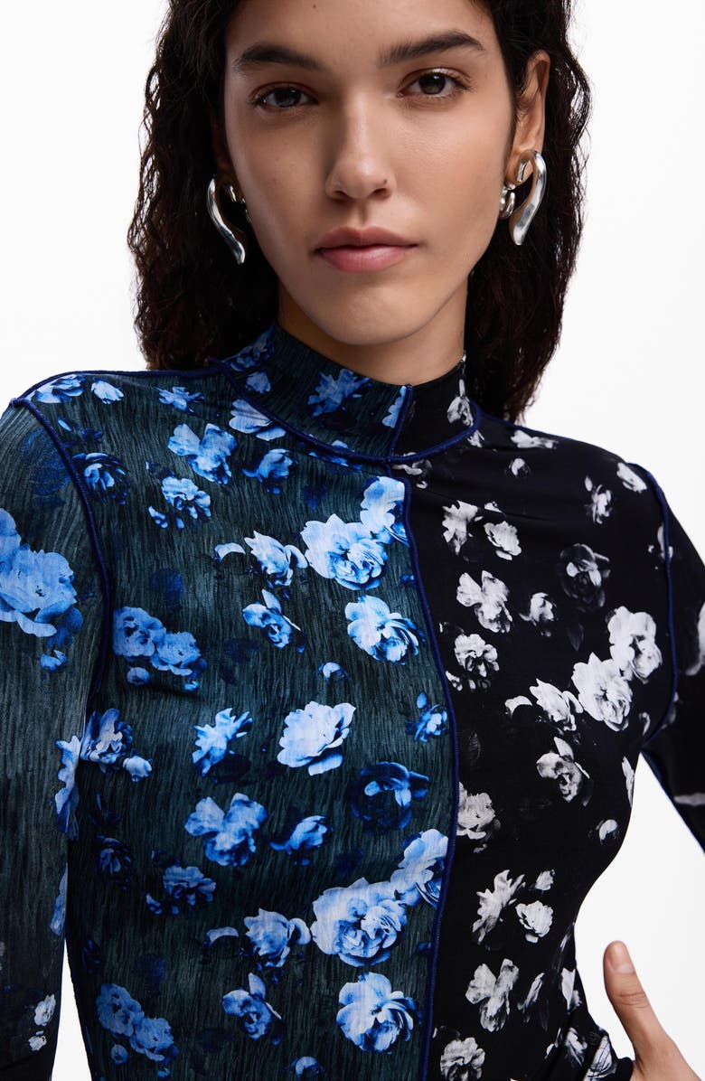 Desigual Floral Print Long Sleeve Shirt, Alternate, color, Black