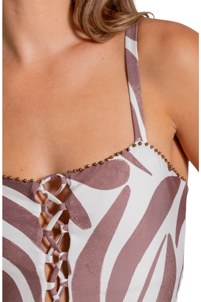 Bead Trim Lace-Up One-Piece Swimsuit, Alternate, color, VANILLA CUSTARD