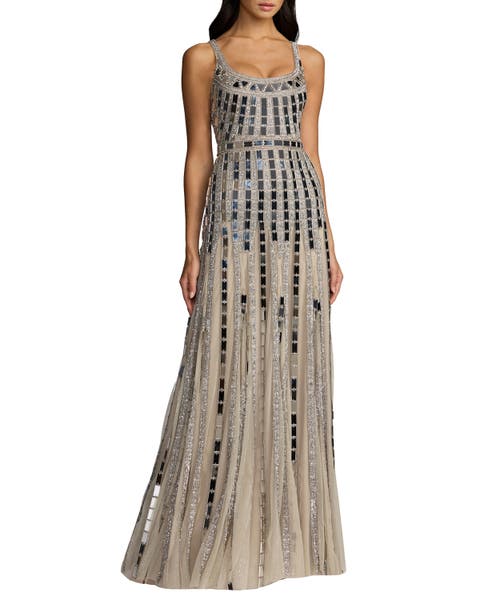 Sleeveless Geometric Mirror Embellished Gown