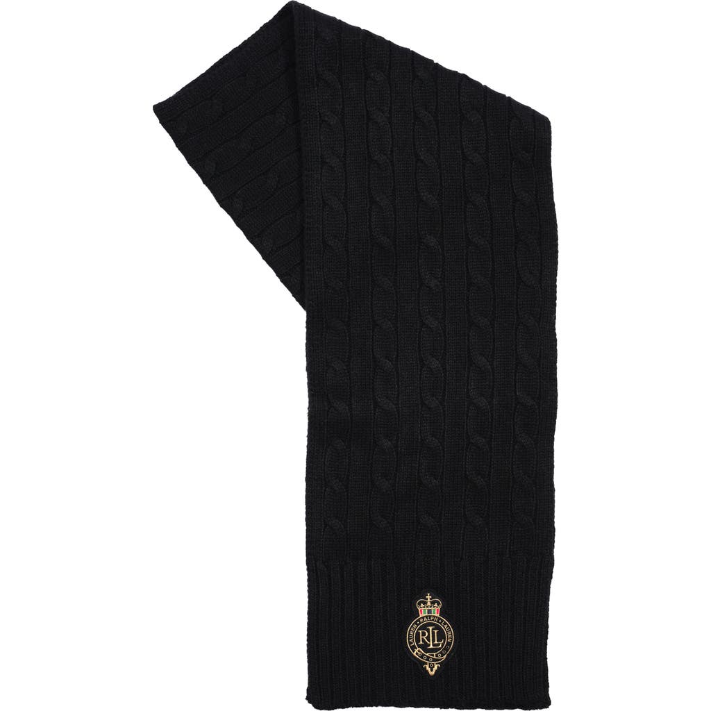 Ralph Lauren Crest-patch Cable-knit Scarf In Black