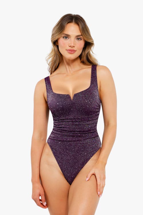 Popilush Shapewear Ruched Metallic Knit Square Neck Slimming Bodysuit In Dewberry
