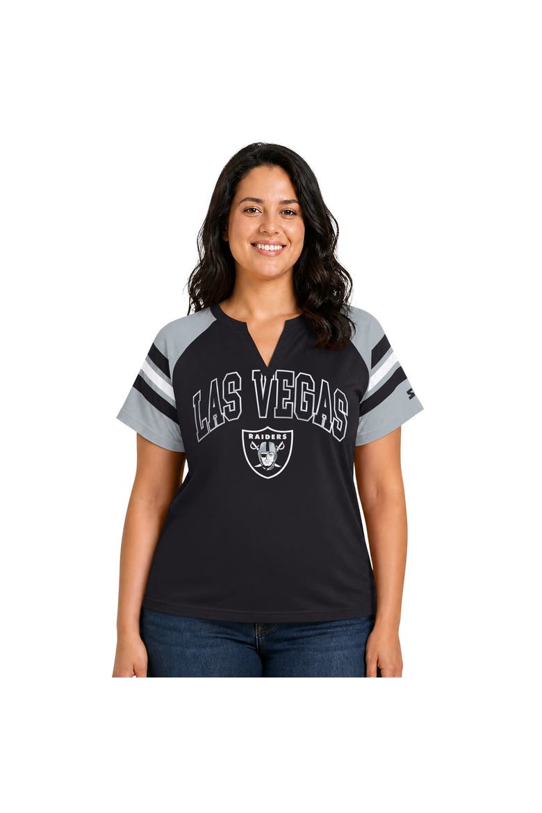 Women's Starter  Black Las Vegas Raiders Plus Size Game On Notch Neck Raglan T-Shirt, Main, color, Black