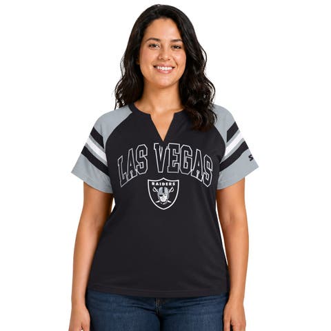 Women's Starter  Black Las Vegas Raiders Plus Size Game On Notch Neck Raglan T-Shirt