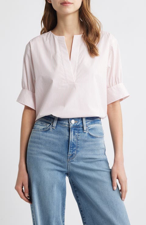 Stripe Split Neck Organic Cotton Popover Top