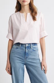 FRAME Stripe Split Neck Organic Cotton Popover Top