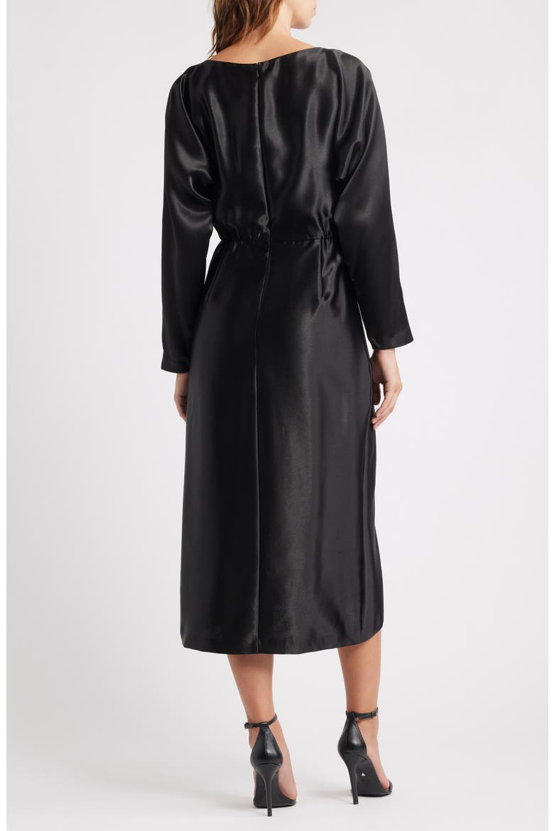 Long Sleeve Satin Cocktail Midi Dress, Alternate, color, BLACK