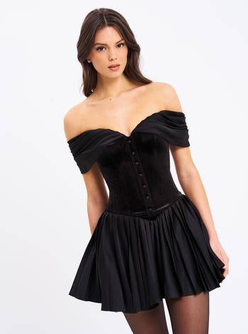 Echo Velvet Off-shoulder Pleated Mini Dress