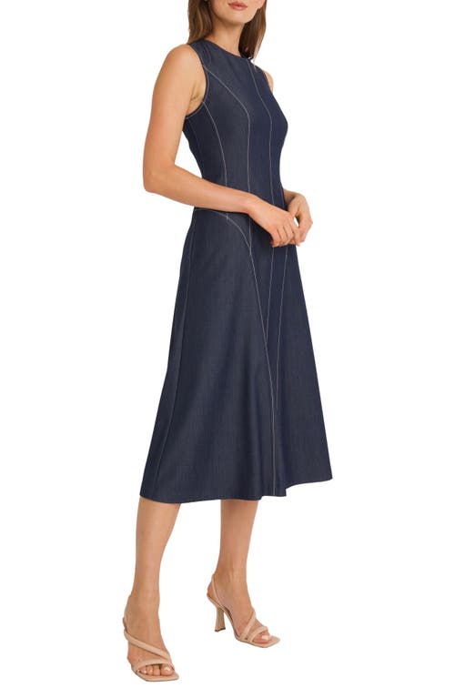 Maggy London Contrast Stitch Sleeveless Denim Midi Dress In Blue