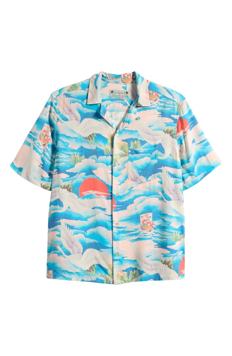 AllSaints Saipan Print Relaxed Fit Cotton Camp Shirt, Alternate, color, Blueberry Blue