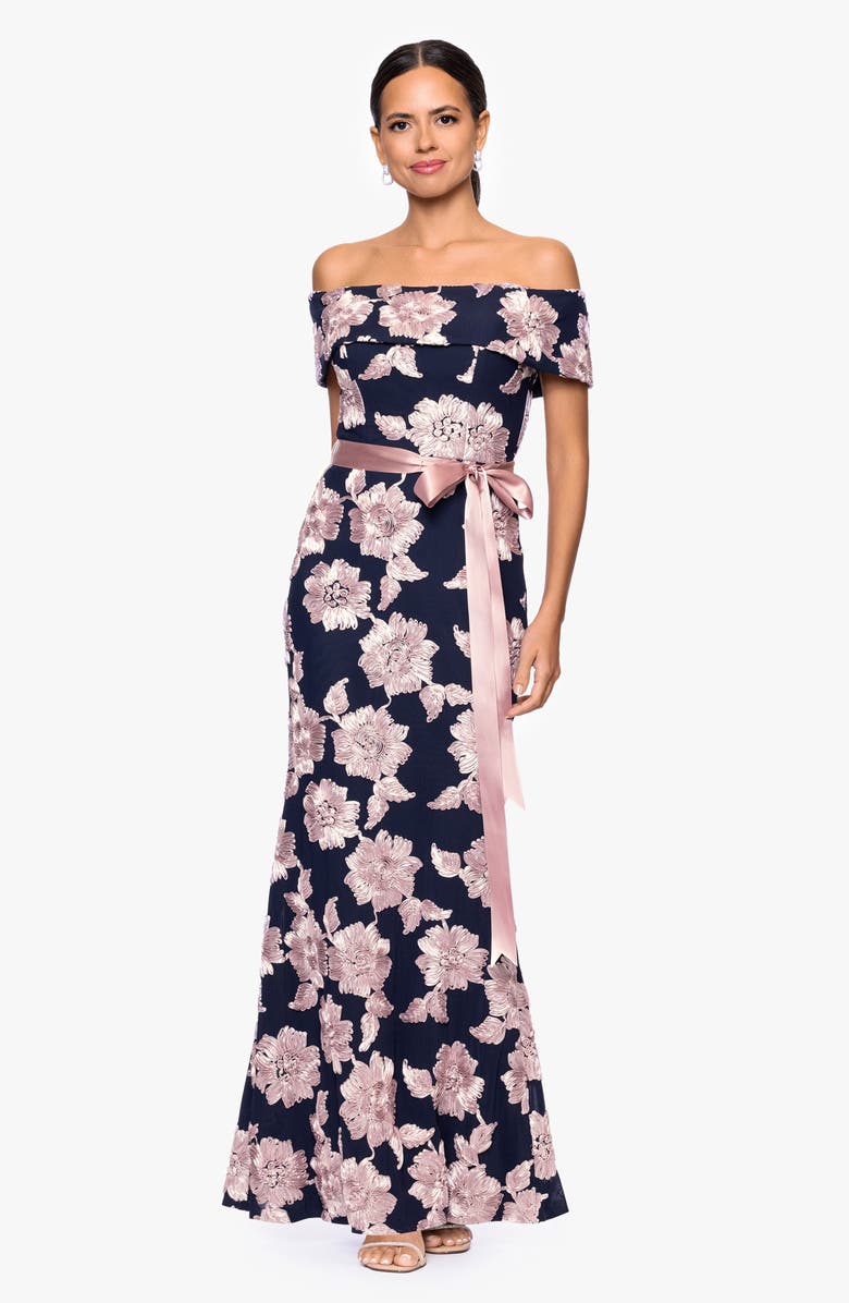 Betsy & Adam Soutache Floral Off the Shoulder Gown, Alternate, color, Navy/ Rose