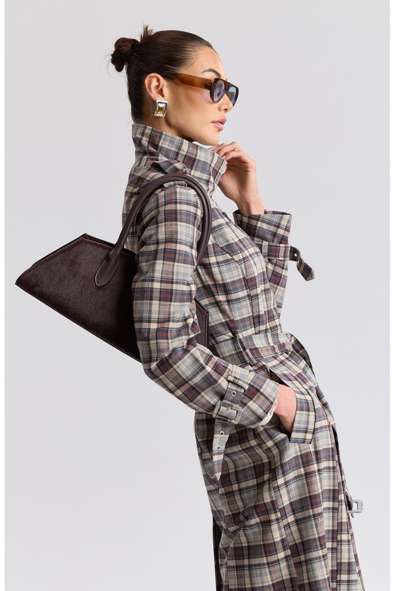Relaxed Belted Funnel Neck Coat, Alternate, color, GREY - BLUE PLAID