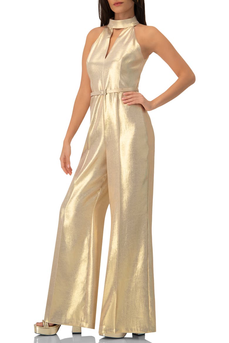 Halterneck Metallic Belted Jumpsuit, Alternate, color, Gold