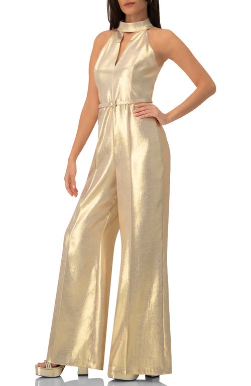 Ivonne Halterneck Metallic Belted Jumpsuit In Gold