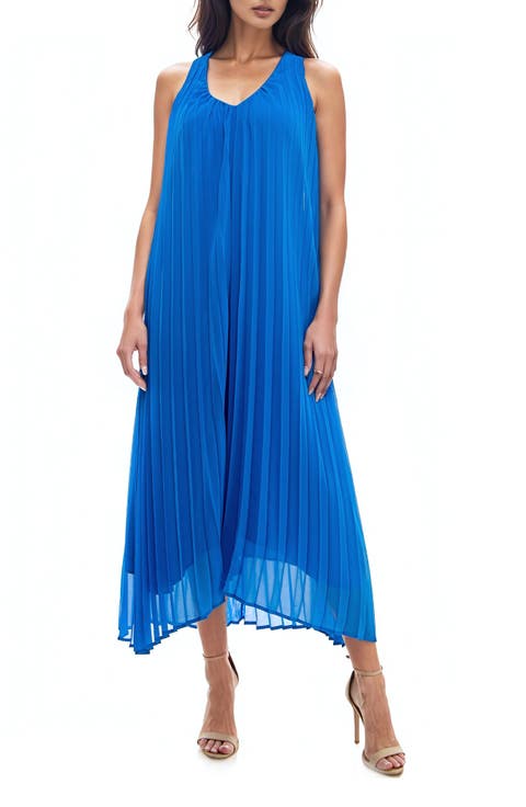 Pleated High-Low Maxi Trapeze Dress