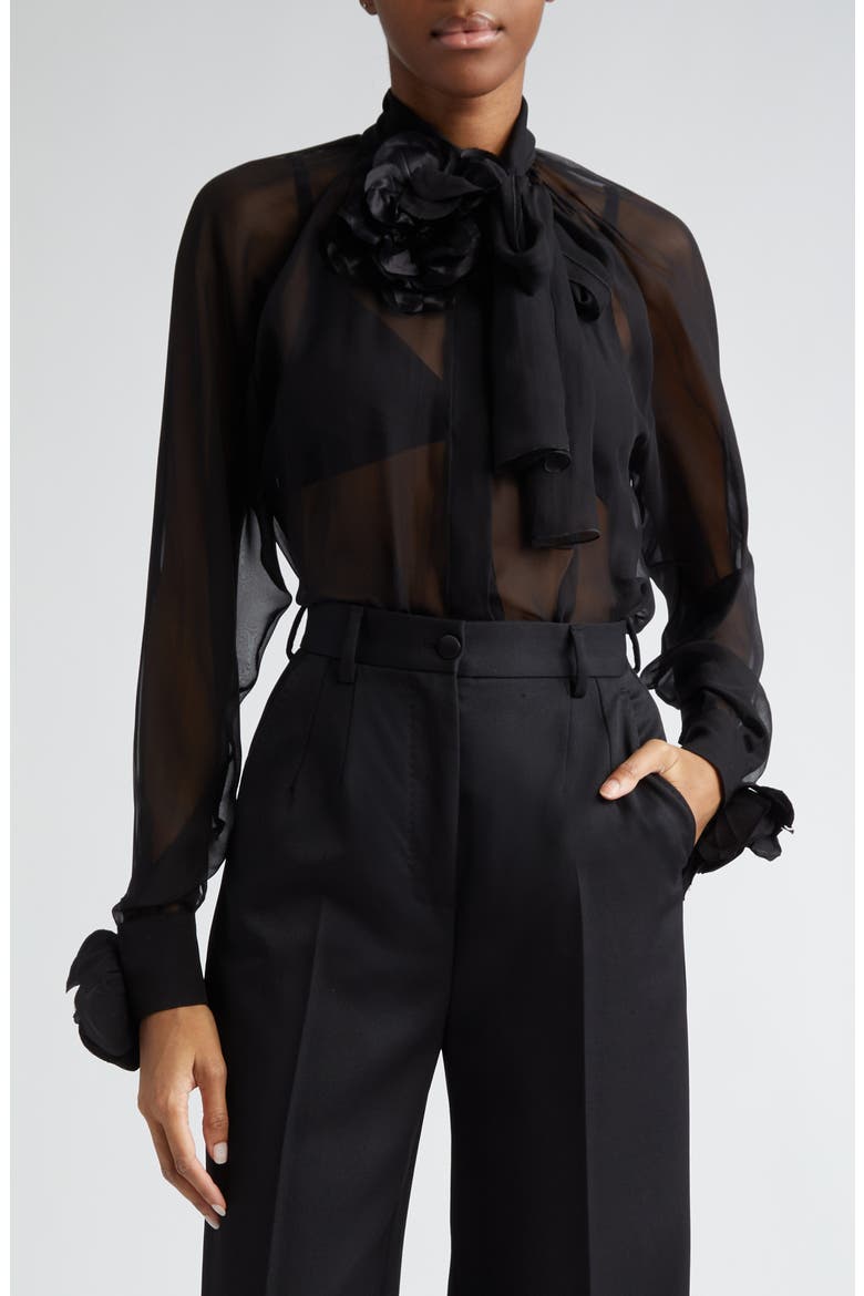 Floral Appliqué Tie Neck Sheer Silk Shirt, Main, color, NERO