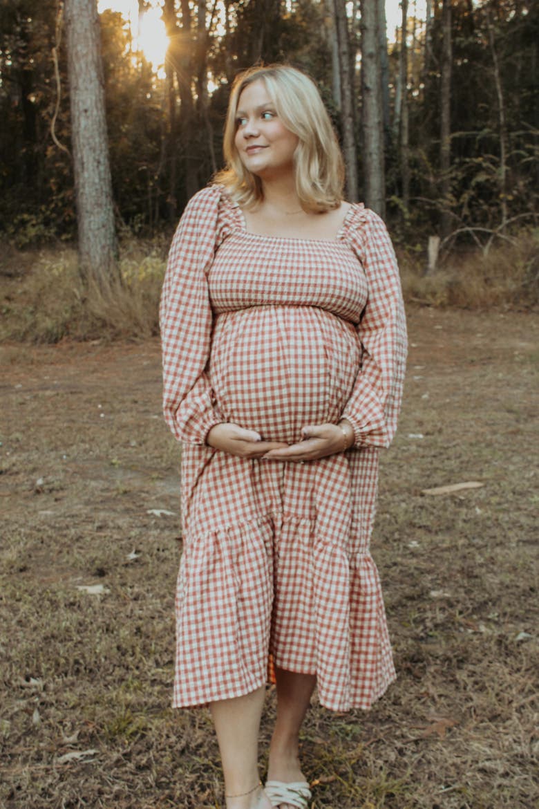 Gingham Long Sleeve Midi Dress, Alternate, color, Red