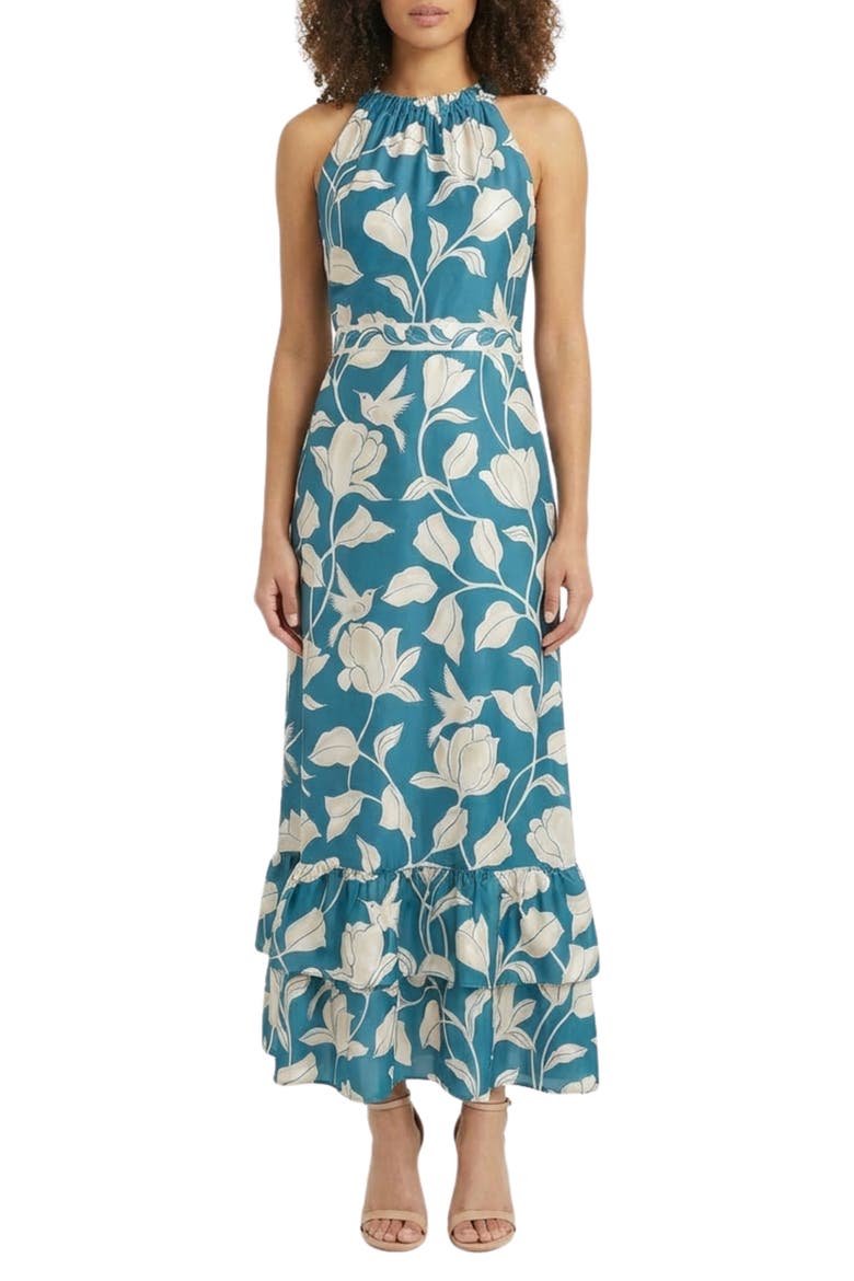 High Neck Ruffle Maxi Dress, Main, color, SLATE BLUE/ BEIGE