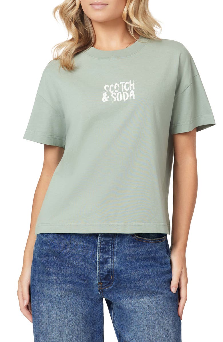 Scotch & Soda Dyed Boxy Crop Graphic T-Shirt, Main, color, Iceberg Green
