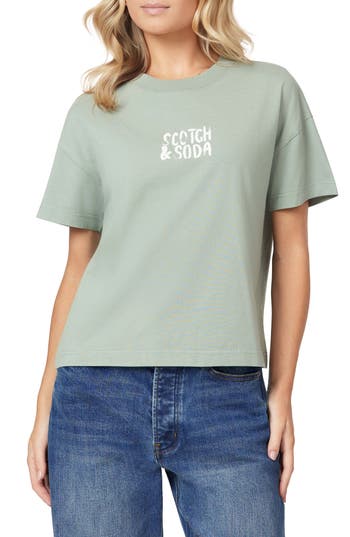 Scotch & Soda Dyed Boxy Crop Graphic T-shirt In Green