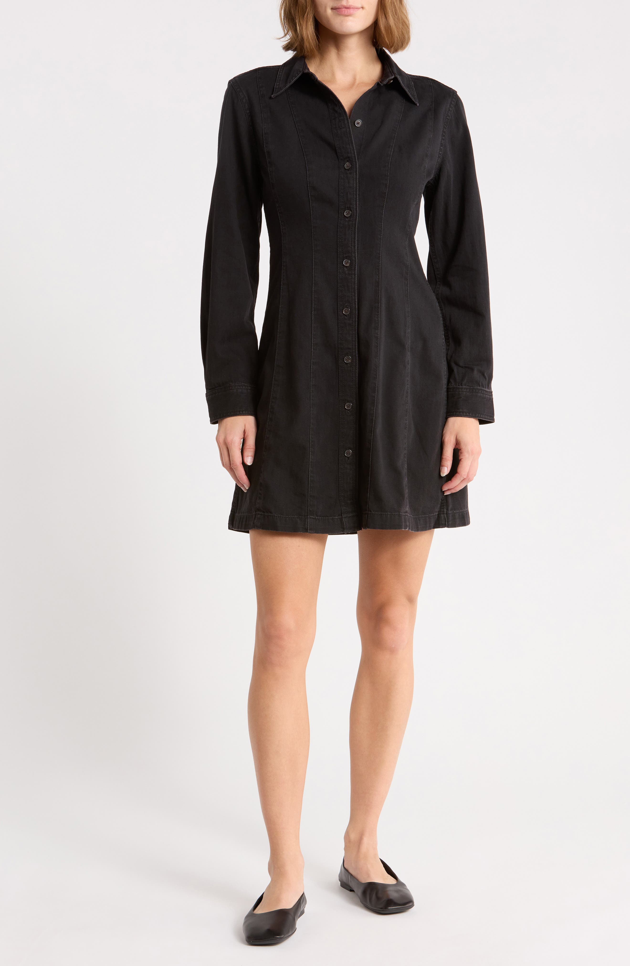 Seamed Denim Long Sleeve Button Front Shirtdress