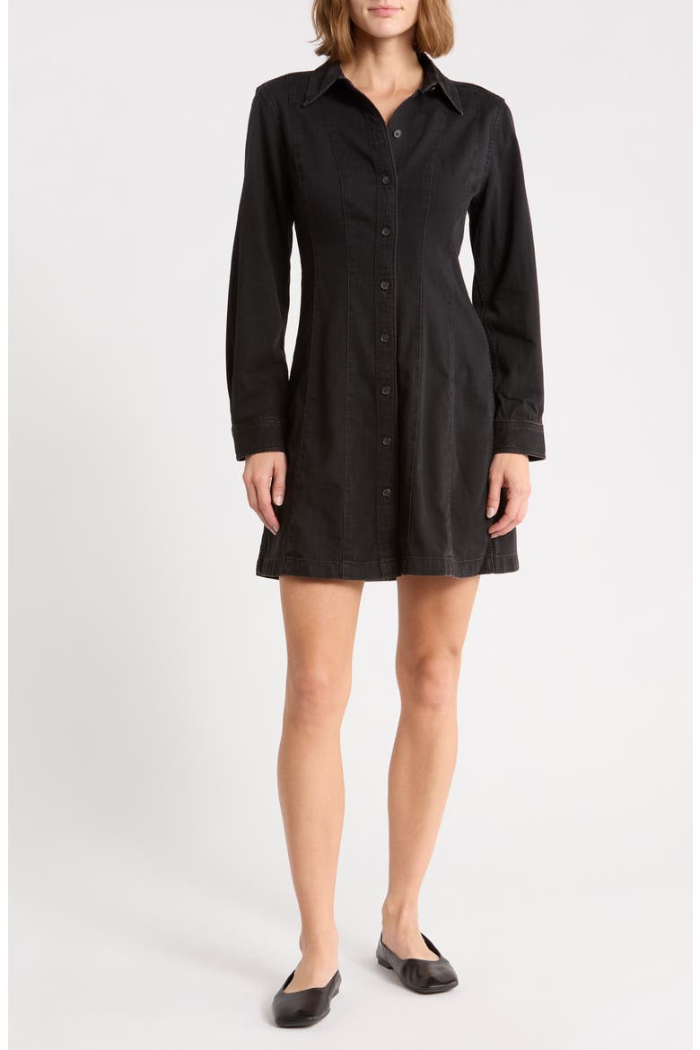 Seamed Denim Long Sleeve Button Front Shirtdress, Main, color, WASHED BLACK