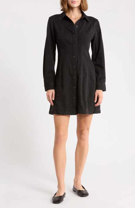 Seamed Denim Long Sleeve Button Front Shirtdress