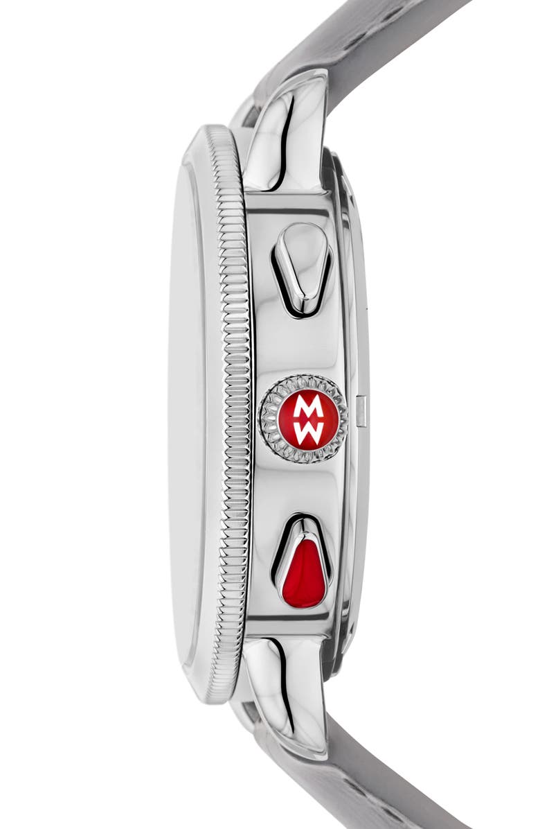 MICHELE Sport Sail Diamond Chronograph Leather Strap Watch, 38mm, Alternate, color, Grey
