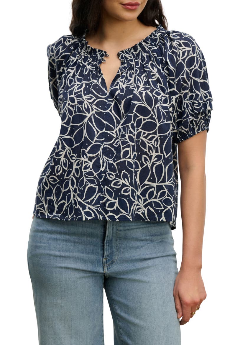 Thera Printed Off the Shoulder Cotton Voile Top, Main, color, NAVY