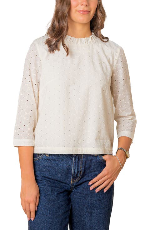 Organic Ruffle Neck Eyelet Top