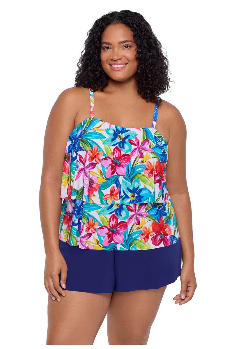 Trimshaper Roxy Double-Tiered Control Plus Size Swim Romper, Main, color, Tropical Treasure