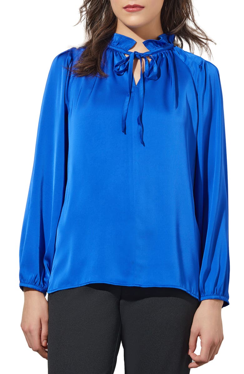 Ming Wang Ruffle Trim Crepe Blouse, Main, color,