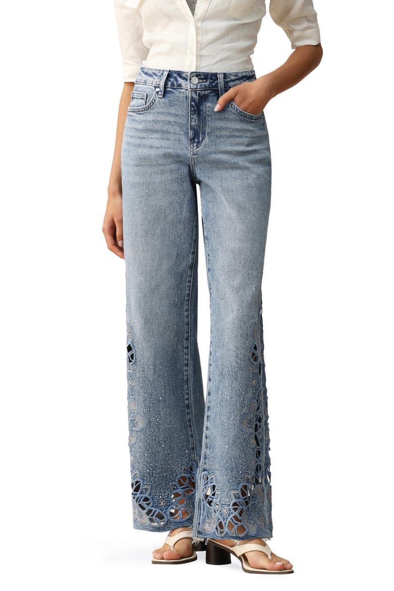 Floral Embroidered Raw Hem Wide Leg Jeans, Main, color, LIGHT BLUE