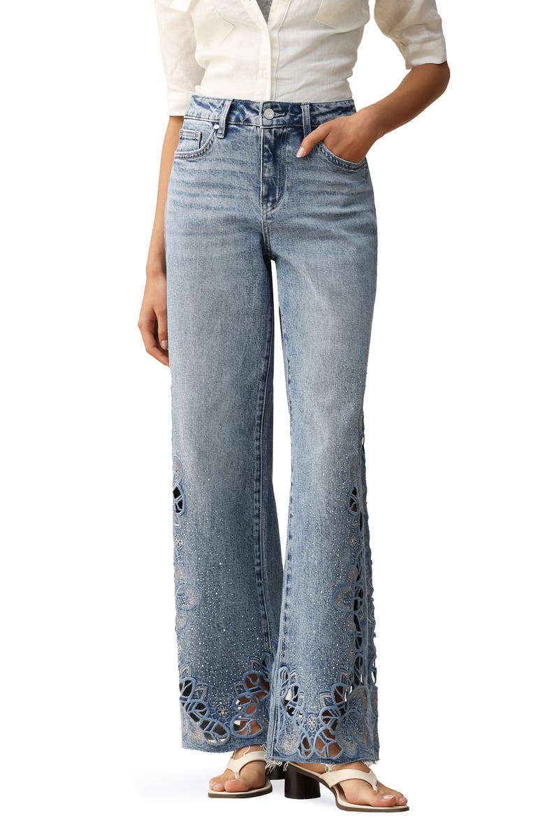 Bayeas Floral Embroidered Raw Hem Wide Leg Jeans, Main, color, Light Blue