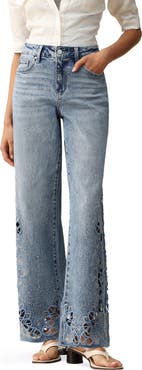 Bayeas Floral Embroidered Raw Hem Wide Leg Jeans