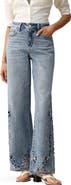 Bayeas Floral Embroidered Raw Hem Wide Leg Jeans