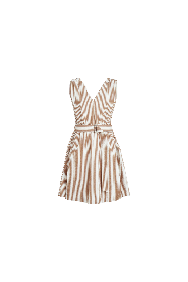 Striped seersucker belted dress, Alternate, color, Beige