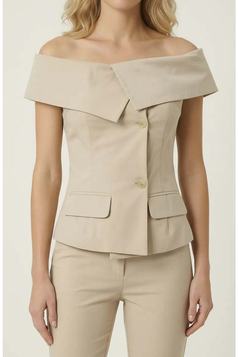 Off Shoulder Tailored Top with Foldover Collar and Button Front, Main, color, Beige