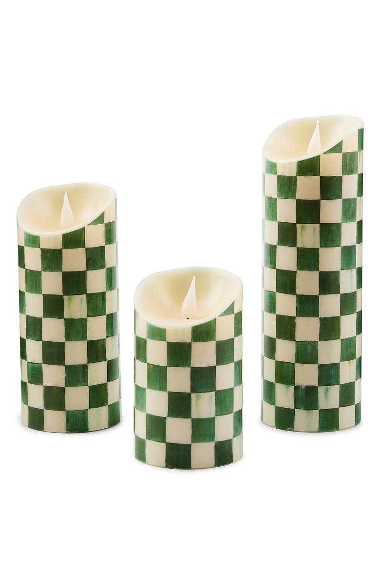 MACKENZIE CHILDS Emerald Check Flameless 9-Inch Pillar Candle, Alternate, color, Emerald