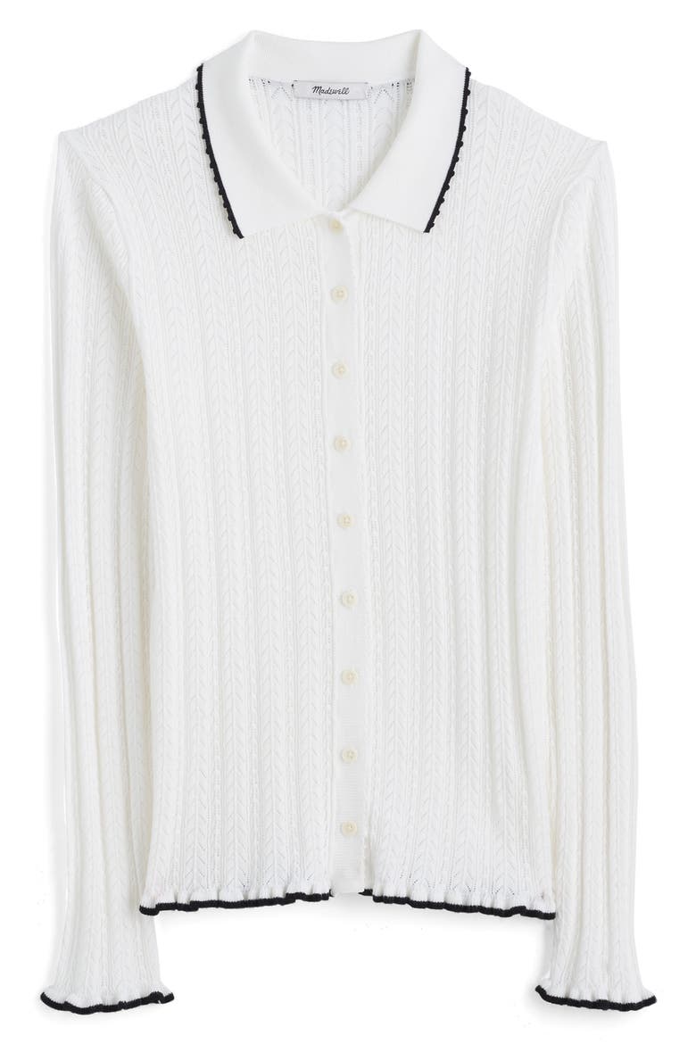 Ruffle Trim Pointelle Cardigan, Alternate, color, SOFT WHITE W/ BLACK TIPPING