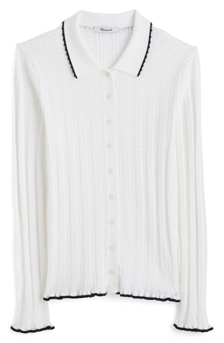Madewell Ruffle Trim Pointelle Cardigan, Alternate, color, Soft White W/ Black Tipping