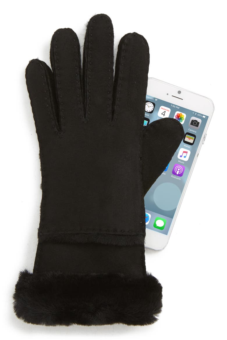 Seamed Touchscreen Compatible Genuine Shearling Gloves, Alternate, color, BLACK