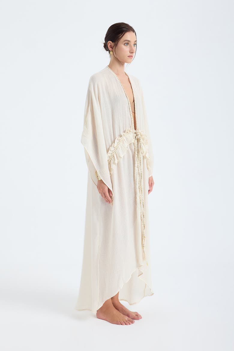 Leora 100% Cotton With Gold Braided Details Maxi Kimono, Main, color, Ivory