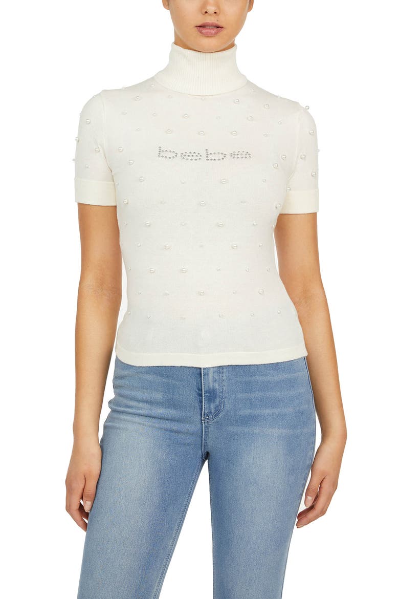 Beaded Turtleneck Short Sleeve Sweater, Main, color, MARSHMALLOW